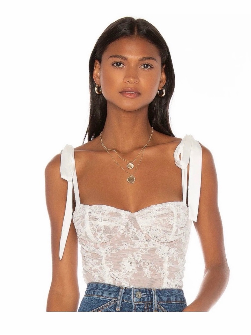 For Love & Lemons Dolly Bustier Top, white lace bow detail size XS